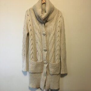 Y2K Tomboy Jeans Long Chunky Cream Cable Knit Wool Blend Button Up Sweater